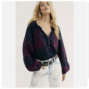 Free People Top Peasant Embroidered Oversize Navy Purple Pullover Sz XL